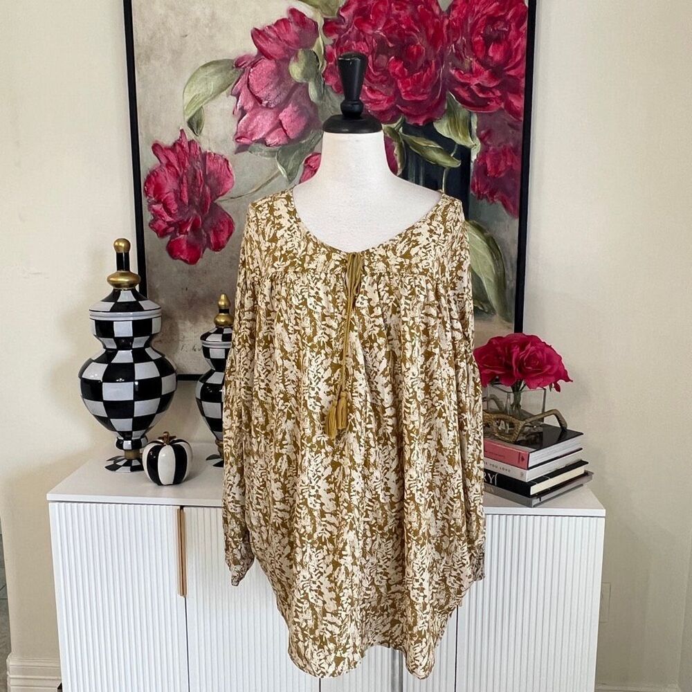 Hayden Women's Botanical Tassel Tie Dolman Sleeve Blouse Yellow White 2XL NWT